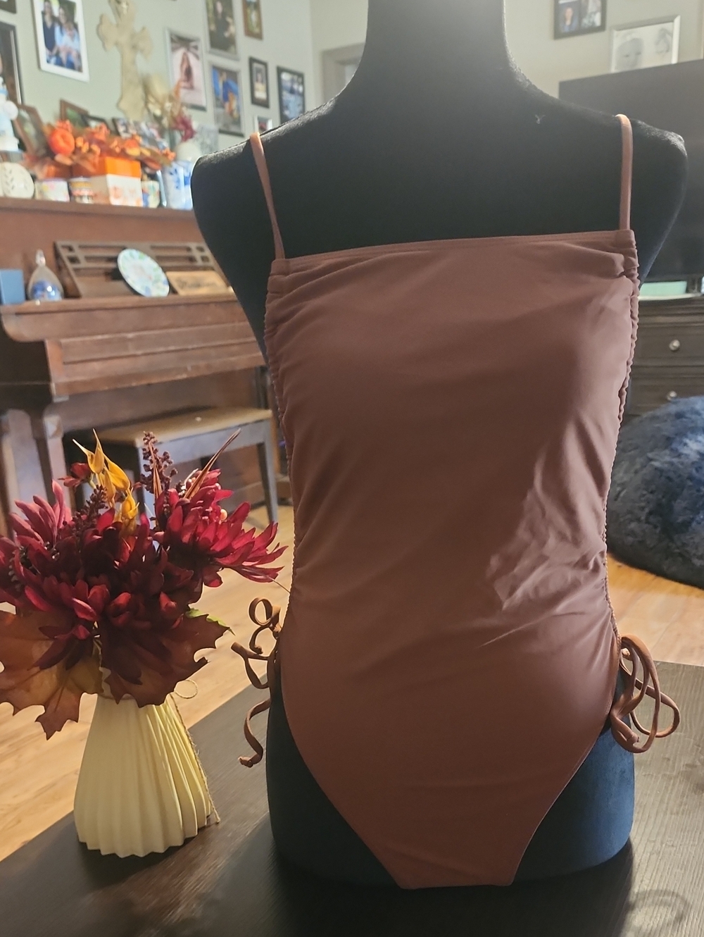 SHEIN Brown Ruched-Side Women's Swim Bodysuit